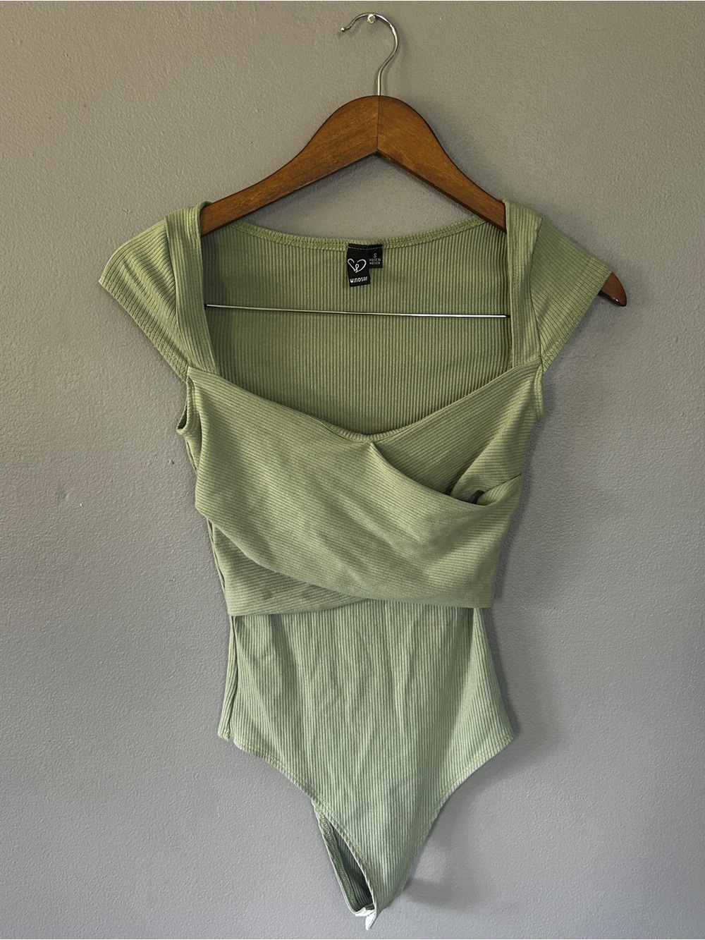 Windsor Sage Green Ribbed Wrap Front Bodysuit Size Small Stretch Short Sleeve